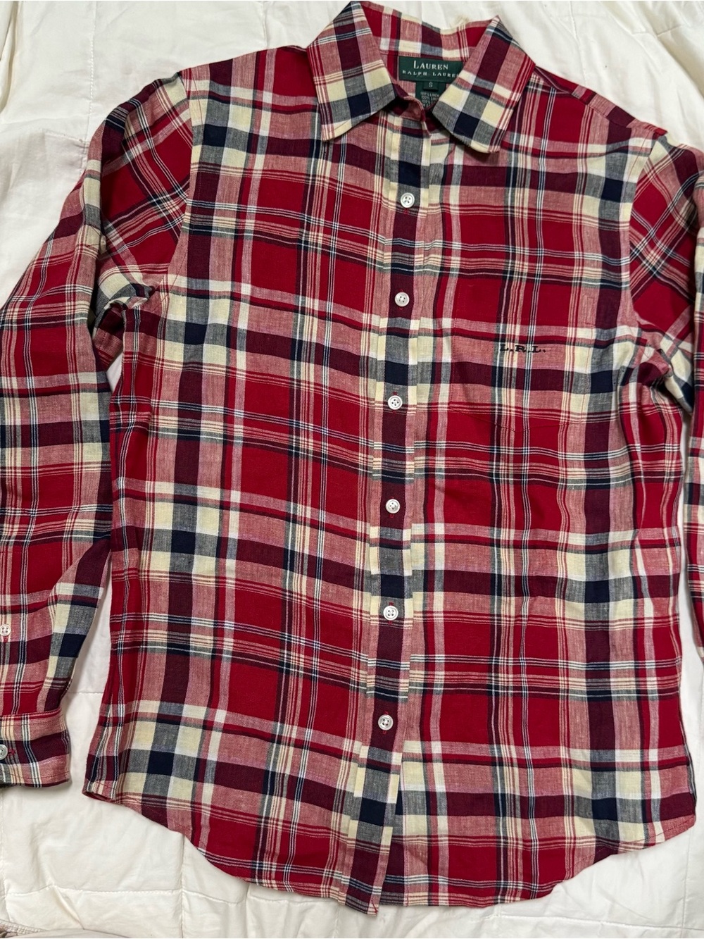 Vintage Y2K Lauren Ralph Lauren 100% Linen Plaid Button Front Shirt Red Size S - Picture 2 of 13